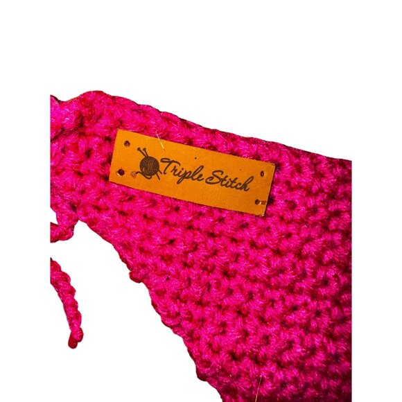 Handmade Crochet Bikini Set Pink & White Halter Top Knit Sexy Swimsuit Large Hot - Picture 3 of 7